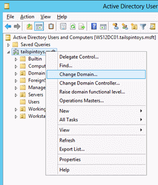 Capture d’écran mettant en évidence l’option de menu Changer de domaine.