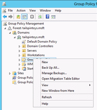 Capture d’écran montrant l’option de menu Nouveau dans le menu Objets de stratégie de groupe.