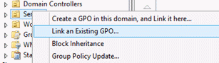 Capture d’écran montrant l’option de menu Lier un objet de stratégie de groupe existant quand vous cliquez avec le bouton droit sur l’unité d’organisation à laquelle l’objet de stratégie de groupe sera appliqué.