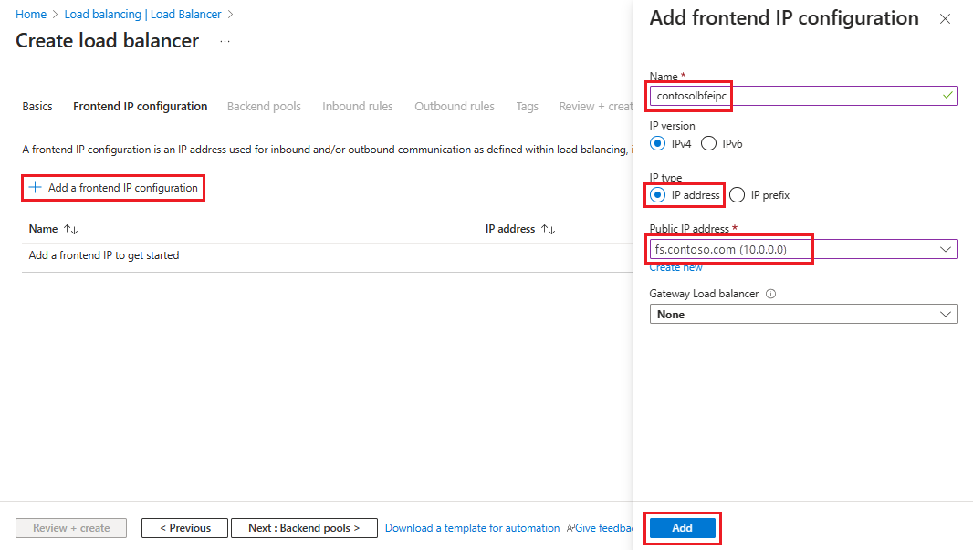 Capture d’écran montrant comment ajouter une configuration d’adresse IP front-end lorsque vous créez un équilibreur de charge public.