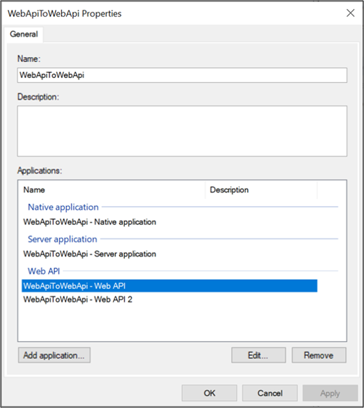 Capture d’écran de la boîte de dialogue Propriétés de WebApiToWebApi montrant l’application WebApiToWebApi - API web en évidence.