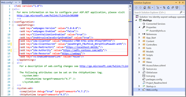 Capture d’écran du fichier Web.config montrant les valeurs modifiées.