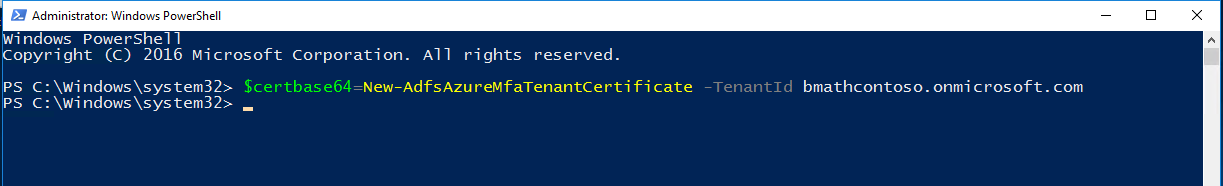 Capture d’écran de la fenêtre PowerShell montrant la sortie de New-AdfsAzureMfaTenantCertificate.