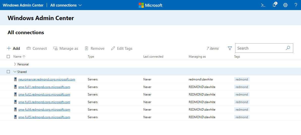 Windows Admin Center - Page Toutes les connexions