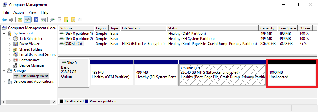 Capture d’écran montrant l’espace disponible pour une extension de volume dans Gestion des disques.