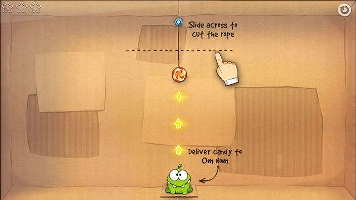 capture d’écran du jeu montrant le message d’interface utilisateur d’instruction, « slide acres to cut the rope »