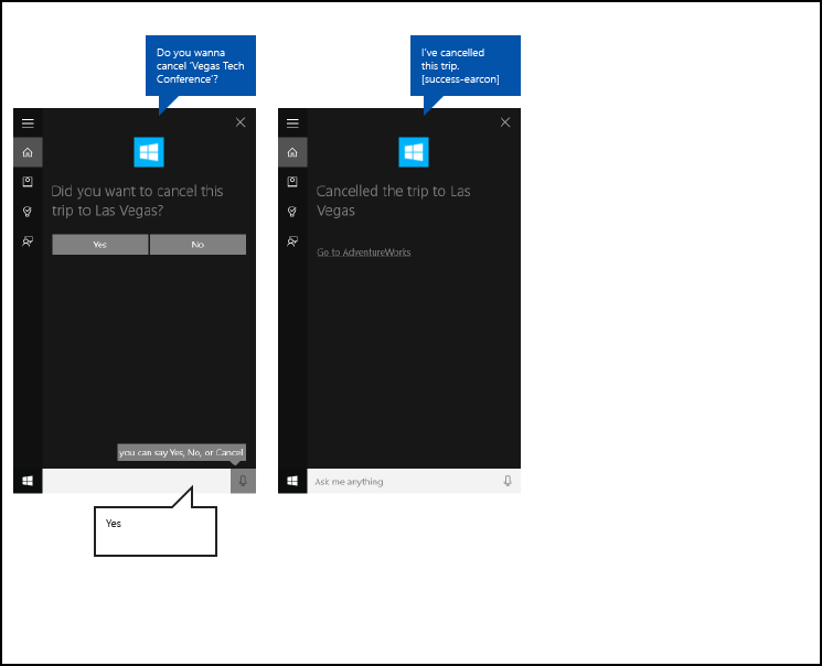 Capture d’écran du canevas Cortana pour le flux d’application en arrière-plan Cortana de bout en bout à l’aide de la confirmation de l’annulation de voyage AdventureWorks