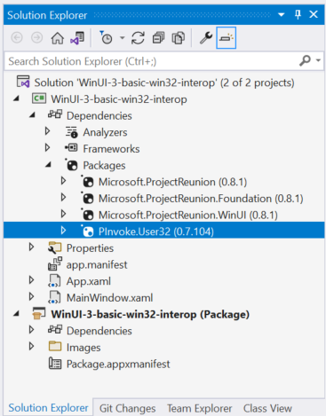 Capture d’écran des packages de l’Explorateur de solutions Visual Studio avec PInvoke.User32.