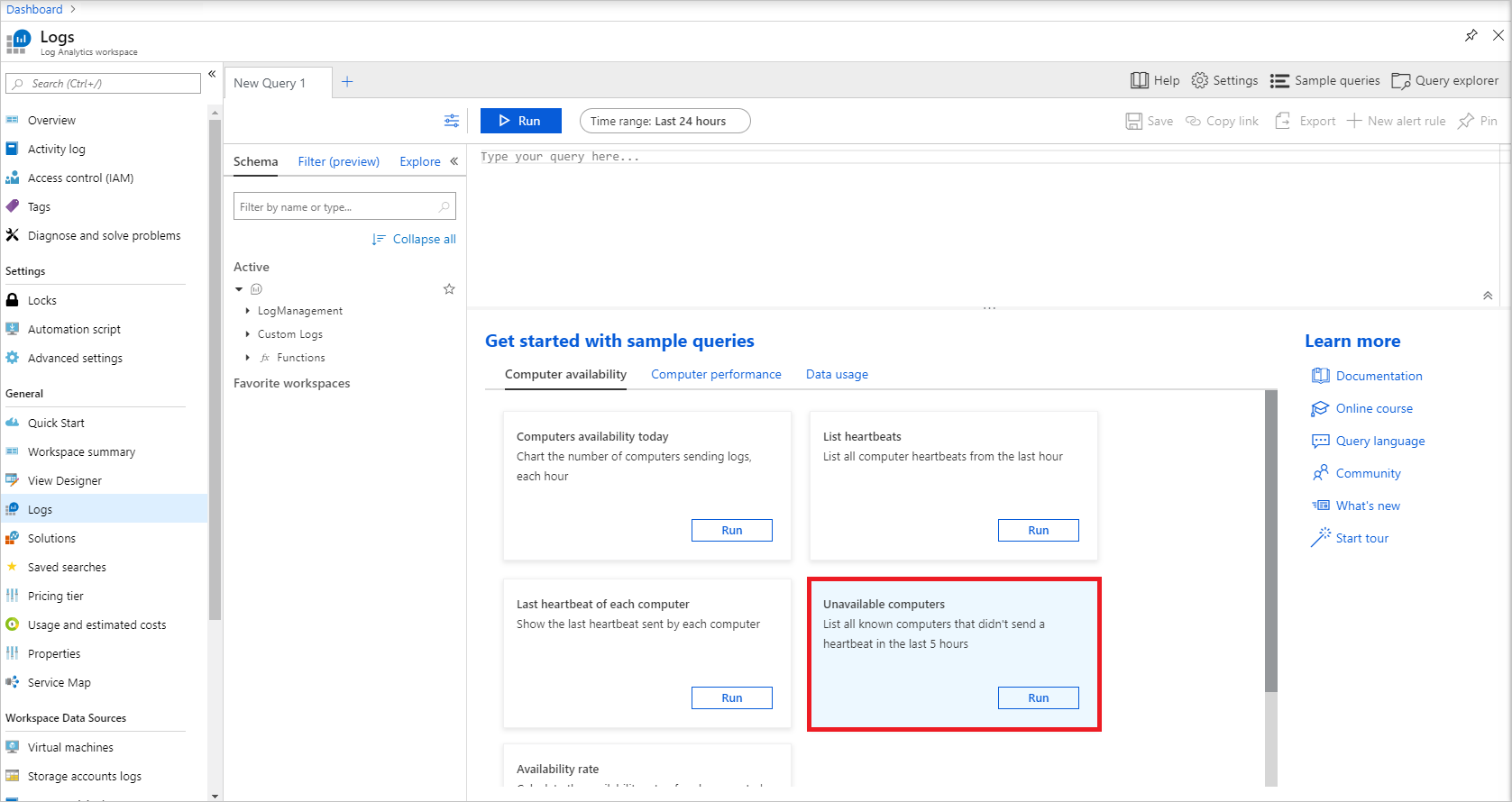 Exemple de requête « ordinateurs non disponibles » dans les journaux de l’espace de travail Log Analytics.