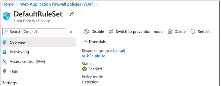 Capture d’écran des options et des sélections pour DefaultRuleSet sous Stratégies Web Application Firewall.