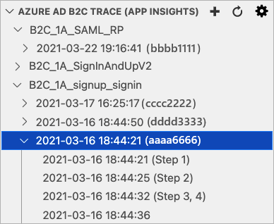 Screenshot of Azure AD B2C extension for VS Code with Azure Application Insights trace.