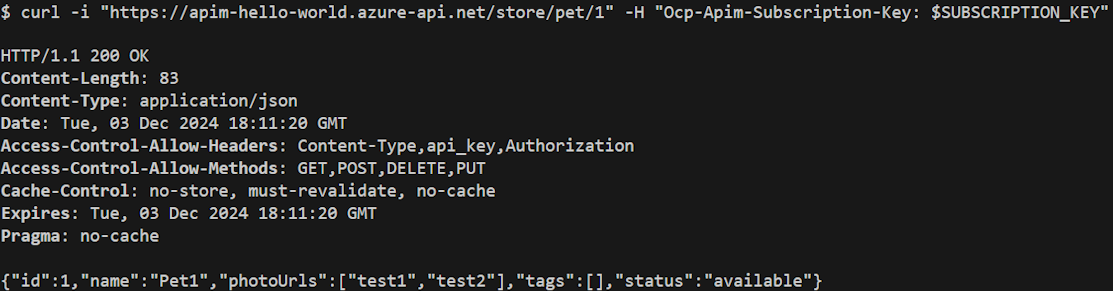 Capture d’écran montrant l’appel du point de terminaison Gestion des API directement à l’aide d’un client HTTP.