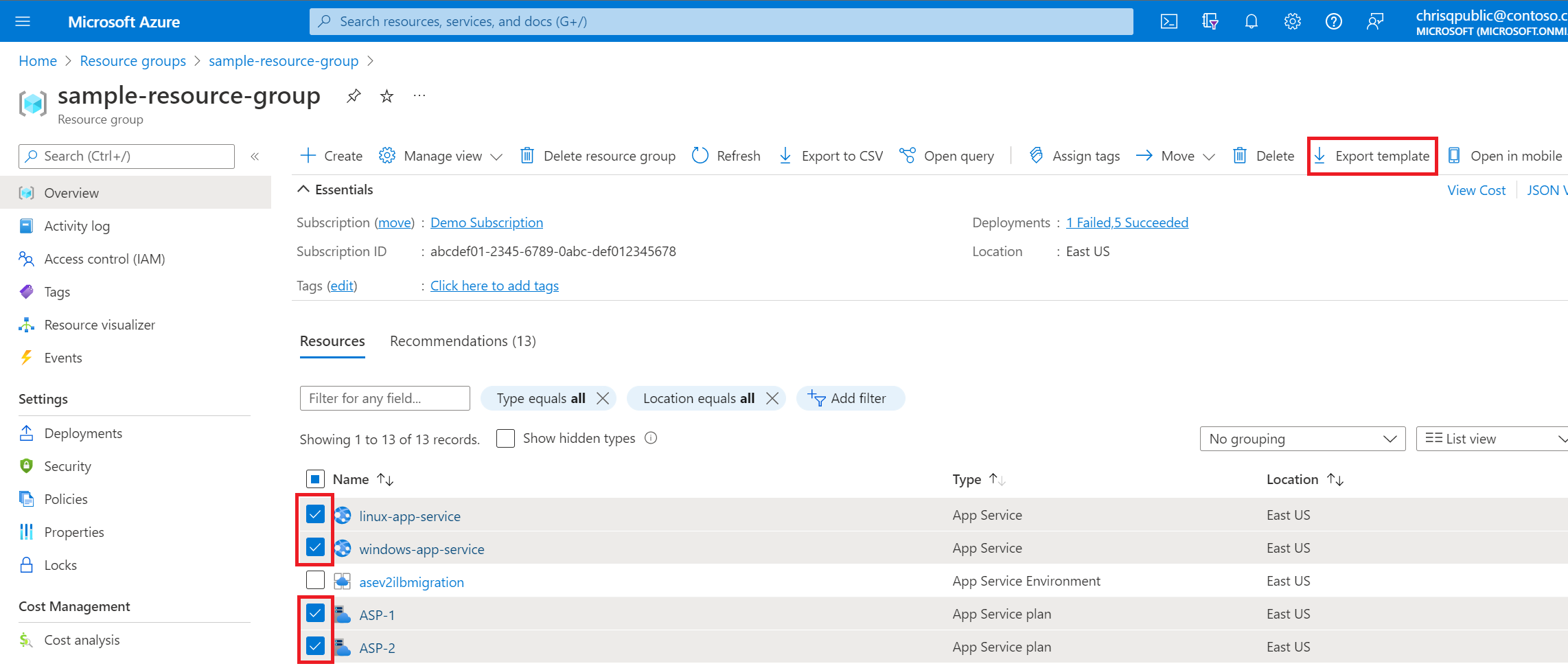 Capture d’écran de l’option pour l’exportation d’un modèle pour les ressources d’un groupe de ressources.