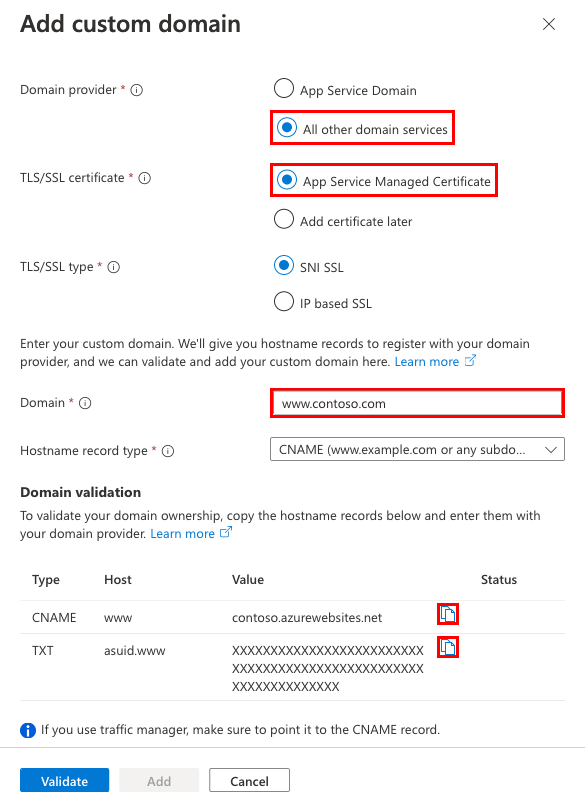 Capture d’écran montrant comment configurer un nouveau domaine personnalisé avec un certificat managé.