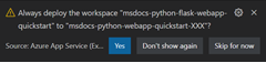 Capture d’écran d’une boîte de dialogue dans VS Code demandant si vous voulez mettre à jour votre espace de travail pour exécuter des commandes de build.