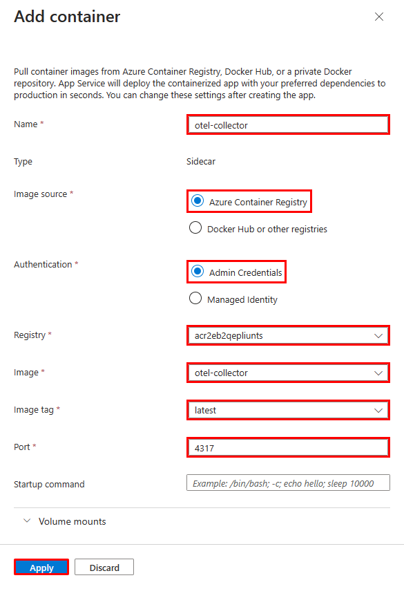 Capture d’écran montrant comment configurer un conteneur sidecar dans le Centre de déploiement d’une application web.