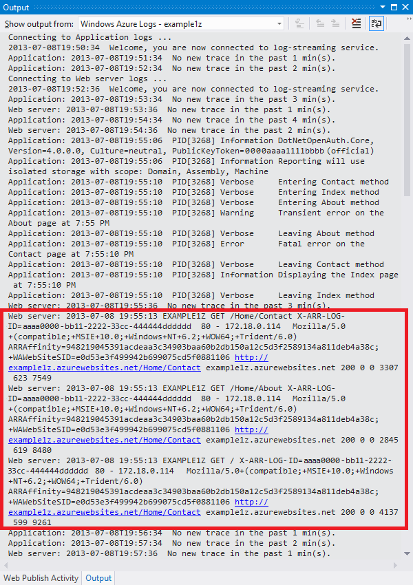 Journaux d’activité de serveur Web dans la fenêtre Sortie