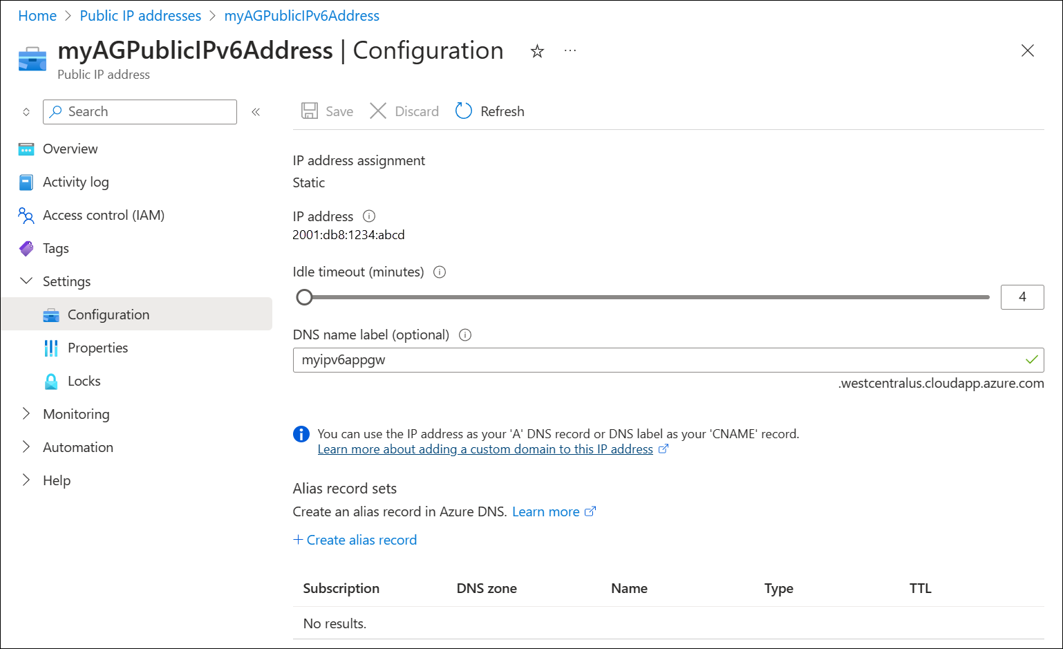 Capture d’écran de l’attribution d’un nom DNS.