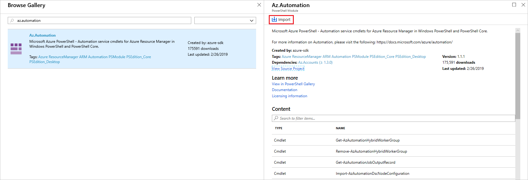 Capture d’écran de l’importation d’un module PowerShell Gallery à partir du portail Azure