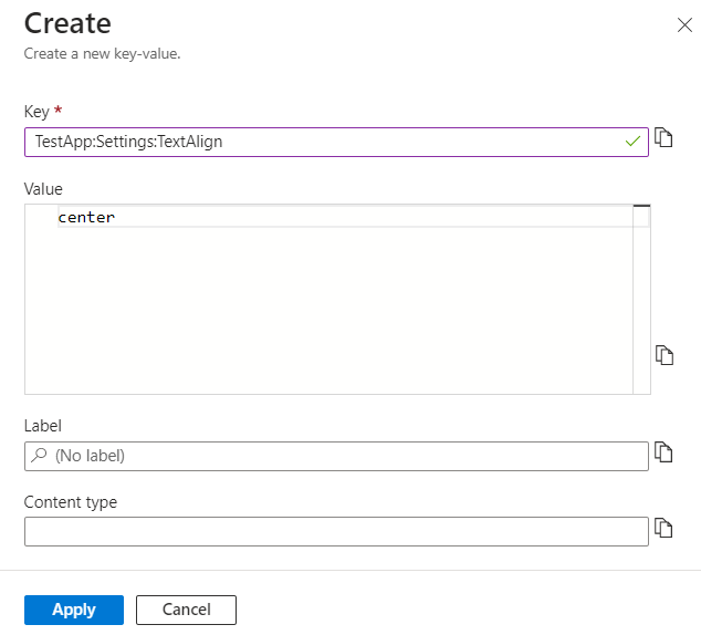 Capture d’écran du portail Azure qui montre les paramètres de configuration pour créer une paire clé-valeur.