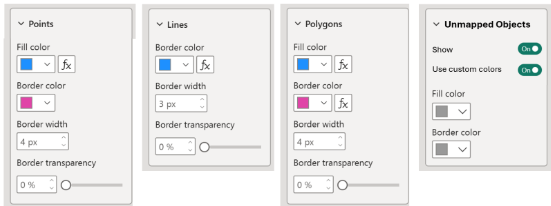 Capture d’écran des contrôles de mise en forme conditionnelle pour les points, lignes, polygones et objets non managés dans le contrôle de couche de référence dans Power BI Desktop.