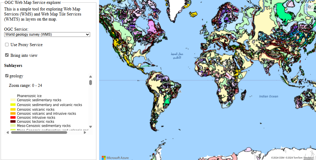 Une capture d’écran qui montre une carte avec un calque WMTS issue d’une étude géologique mondiale. Une liste déroulante montrant les services OGC qui peuvent être sélectionnés s’affiche sur la gauche de la carte.