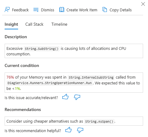 Capture d’écran du volet des détails d’un résultat C-P-U d’Optimisations de code.