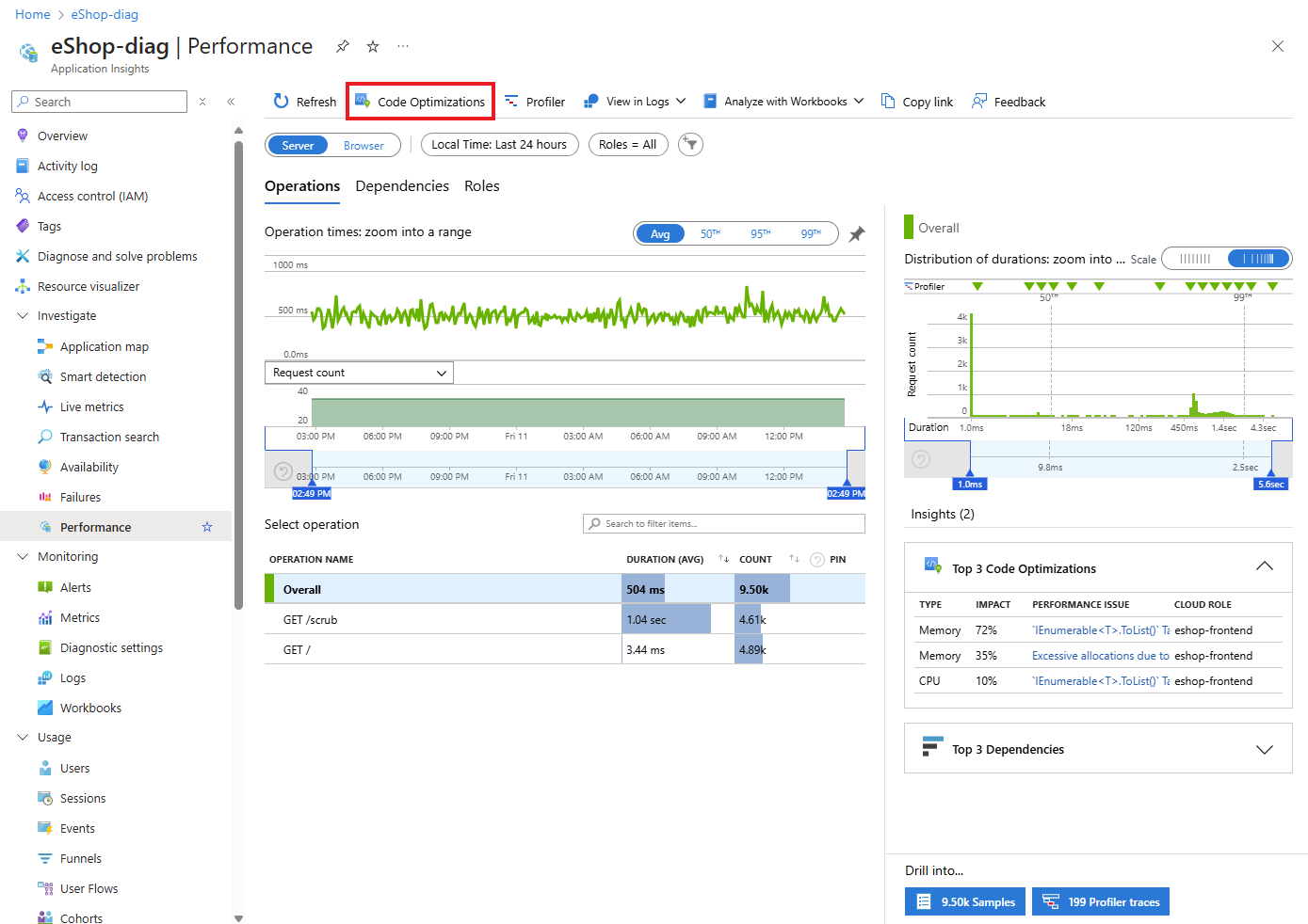 Capture d’écran du service Optimisations de code dans le panneau Performances.