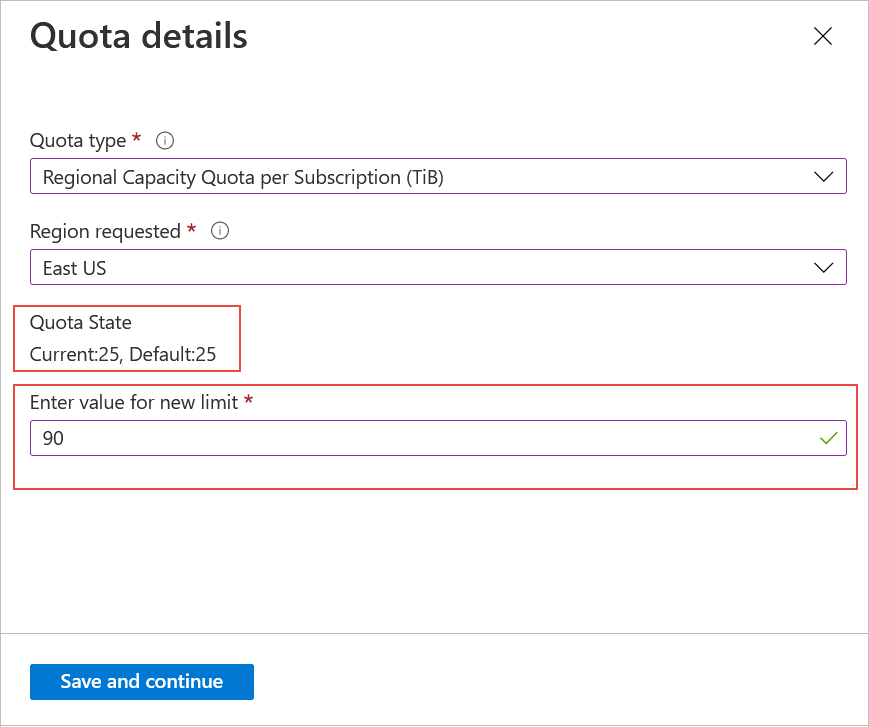 Capture d’écran montrant comment afficher et demander une augmentation du quota régional.