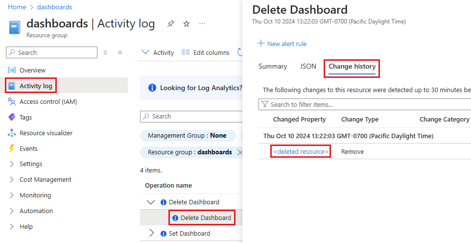 Capture d’écran montrant l’onglet Historique des modifications pour un tableau de bord supprimé dans le portail Azure.