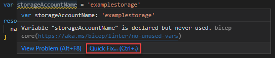 Capture d’écran de l’utilisation du correctif rapide pour la règle linter sans variables inutilisées.