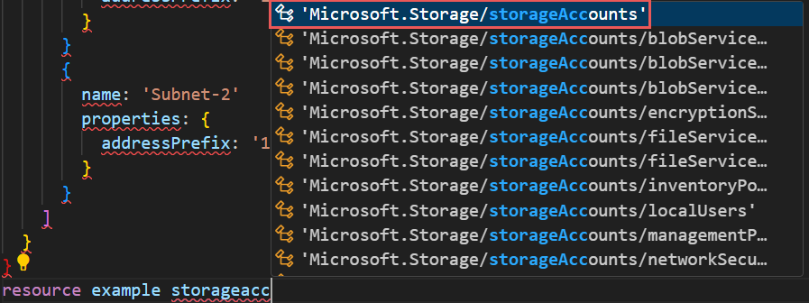 Capture d'écran de la sélection des comptes de stockage pour le type de ressource.