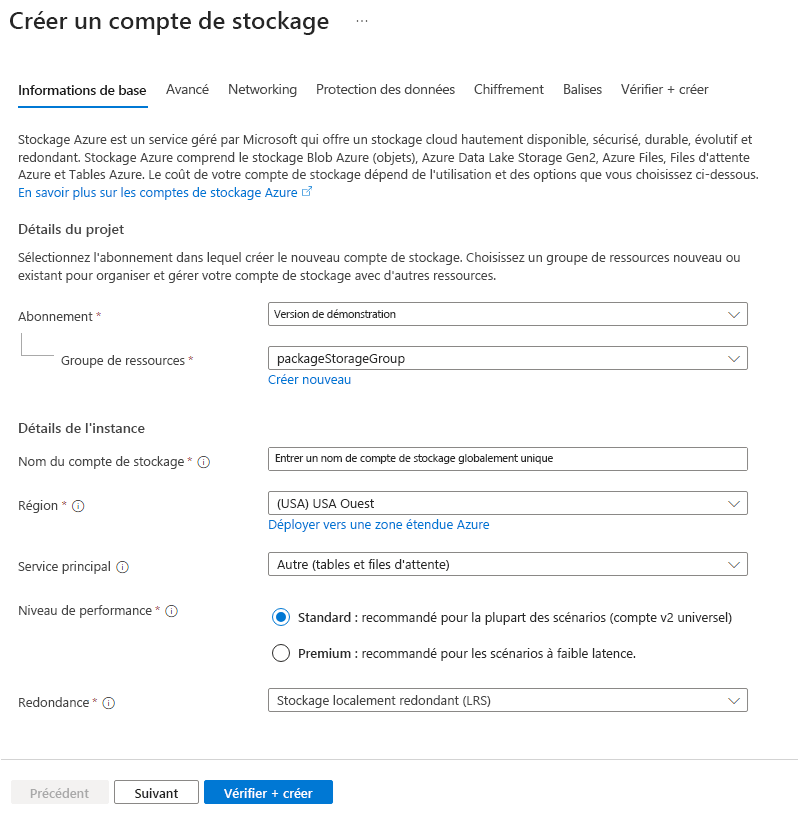 Capture d’écran de l’onglet Informations de base dans le formulaire Azure pour créer un compte de stockage.