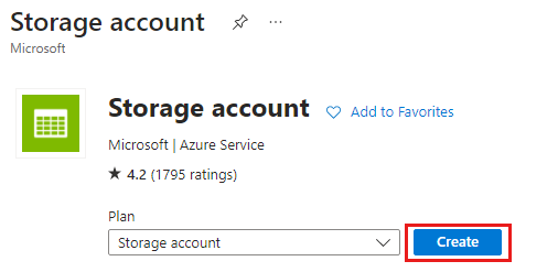 Capture d’écran de la page des comptes de stockage avec le bouton Créer mis en évidence.