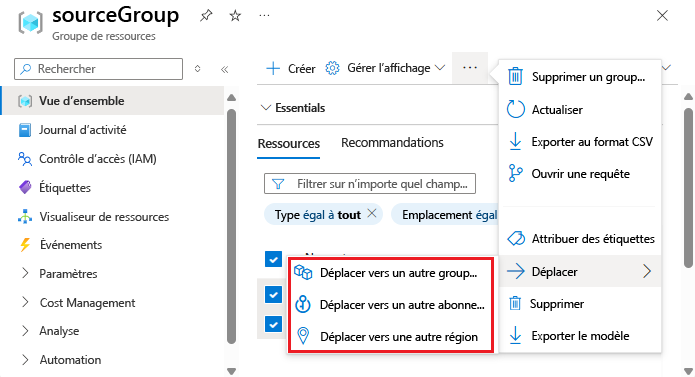 Capture d’écran du portail Azure affichant le bouton Déplacer avec trois options.