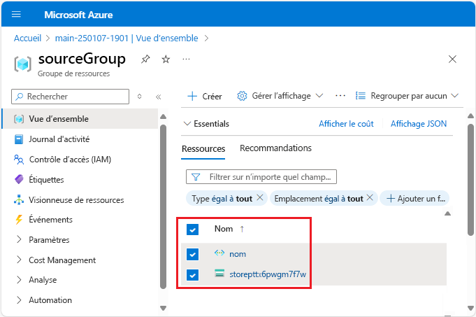 Capture d’écran du portail Azure montrant la sélection des ressources à déplacer.