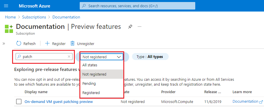 Capture d’écran du portail Azure avec les filtres d’options des fonctionnalités d’évaluation.