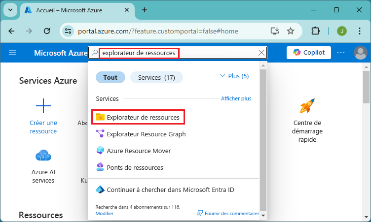 Capture d’écran de la sélection de tous les services dans le portail Azure pour accéder à l’explorateur de ressources.