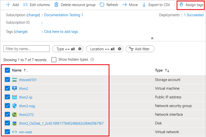 Capture d’écran du portail Azure montrant plusieurs ressources sélectionnées pour l’attribution de balises en bloc.