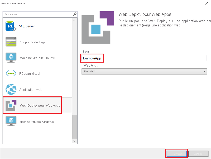 Capture d’écran de la fenêtre Ajouter une nouvelle ressource avec Web Deploy pour les applications web sélectionné.