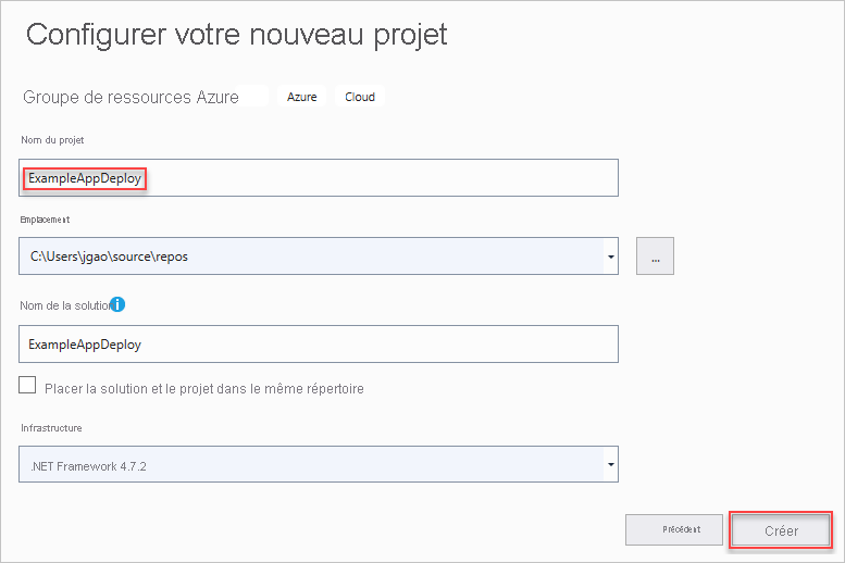 Capture d’écran de la fenêtre de nommage de projet dans Visual Studio.