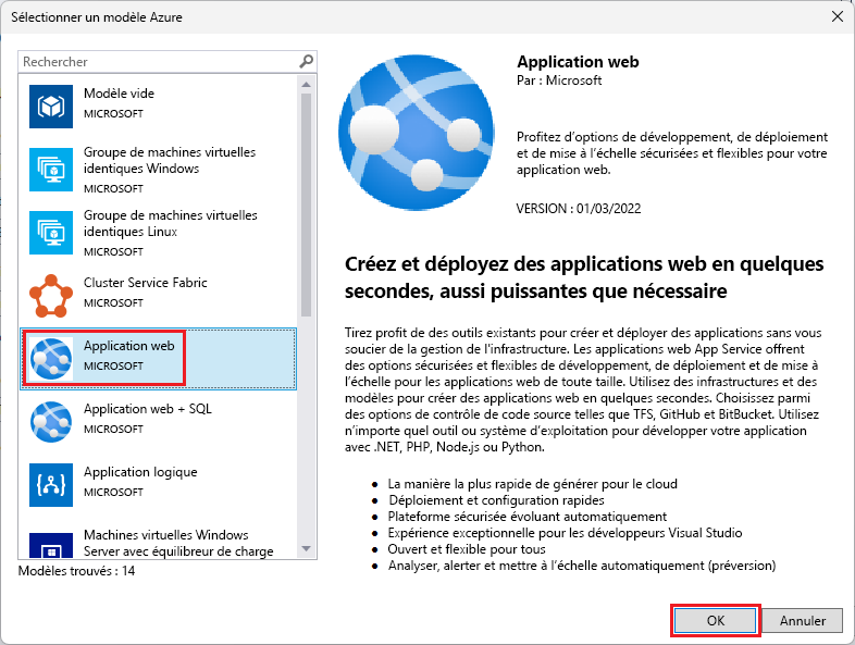 Capture d’écran de la fenêtre de sélection de modèle avec un modèle d’application web mis en surbrillance.