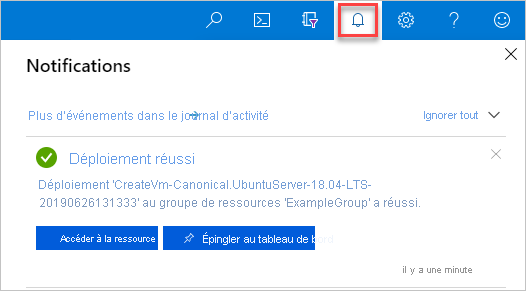 Capture d’écran de l’affichage d’une notification de déploiement sur le Portail Azure