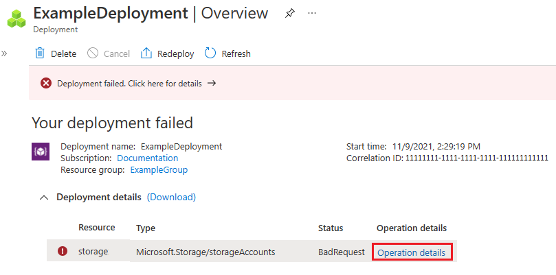 Capture d’écran de l’échec du déploiement qui met en évidence le lien pour accéder aux détails de l’opération.