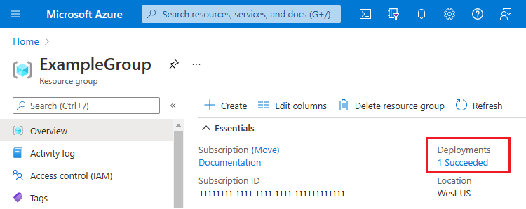 Capture d’écran de la vue d’ensemble du groupe de ressources qui montre un déploiement réussi.