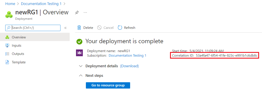 Capture d’écran de l’historique du déploiement de l’abonnement mettant en évidence l’ID de corrélation.