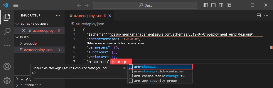 Capture d’écran d’une ressource en train d’être ajoutée au modèle ARM.