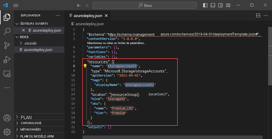 Capture d’écran d’une ressource de stockage Azure dans un modèle ARM.