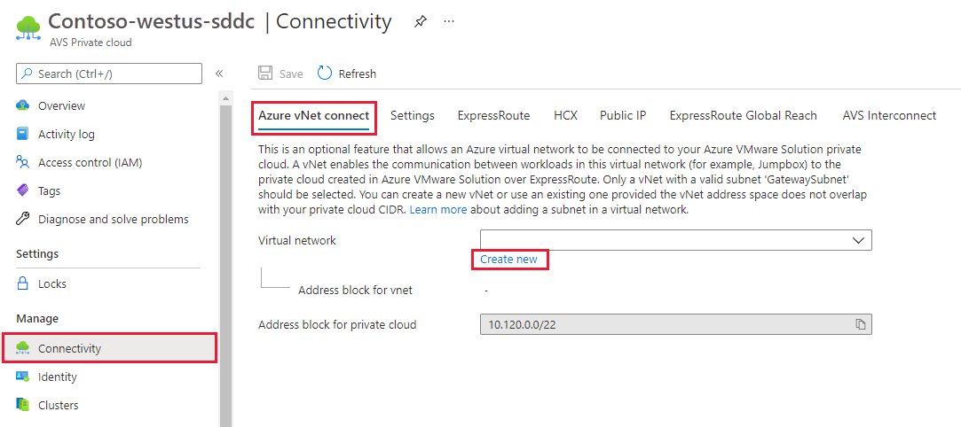 Capture d’écran montrant l’onglet Connexion au réseau virtuel Azure et le lien permettant de créer un réseau virtuel.