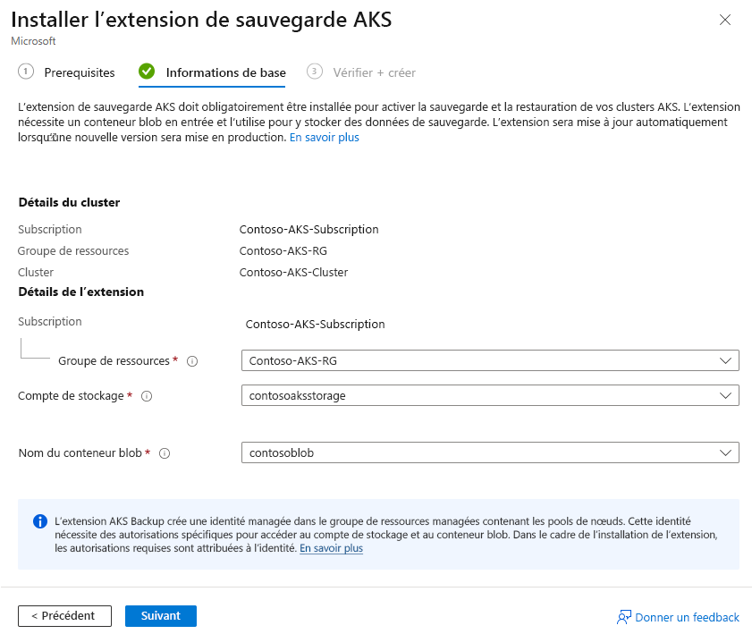 Capture d’écran montrant comment ajouter des détails de stockage et d’objets blob pour la sauvegarde.